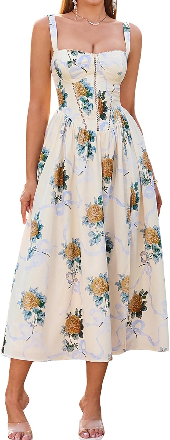Floral Corset Midi Dress with Slit and Pockets in Yellow Flower