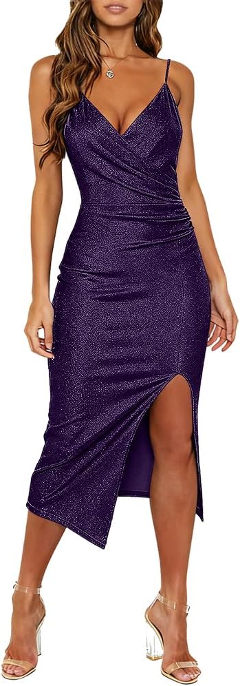 Wrap V-Neck Ruched Bodycon Dress with Side Slit in Sparkly Purple