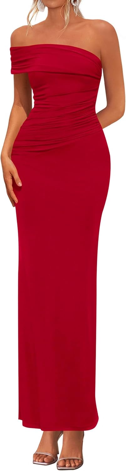 One-Shoulder Ruched Bodycon Maxi Dress in Red