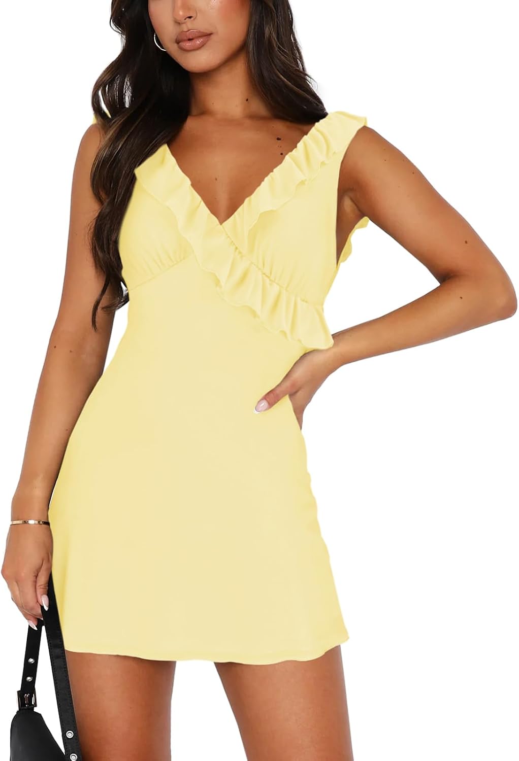 Ruffled Mesh Deep-V Backless Mini Dress in Yellow