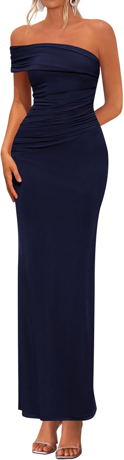 One-Shoulder Ruched Bodycon Maxi Dress in Navy Blue