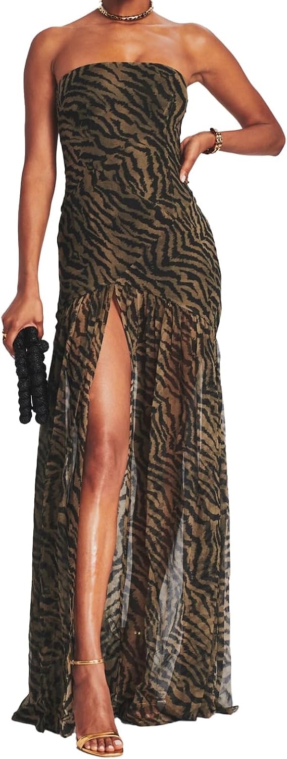 Tiger-Stripe Mesh Strapless Maxi Dress with Slit in Brown