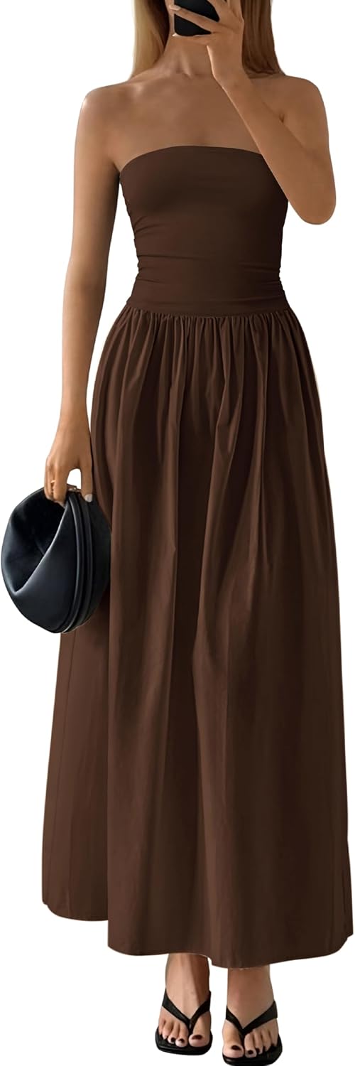 Strapless Tube A-Line Maxi Dress in Coffee