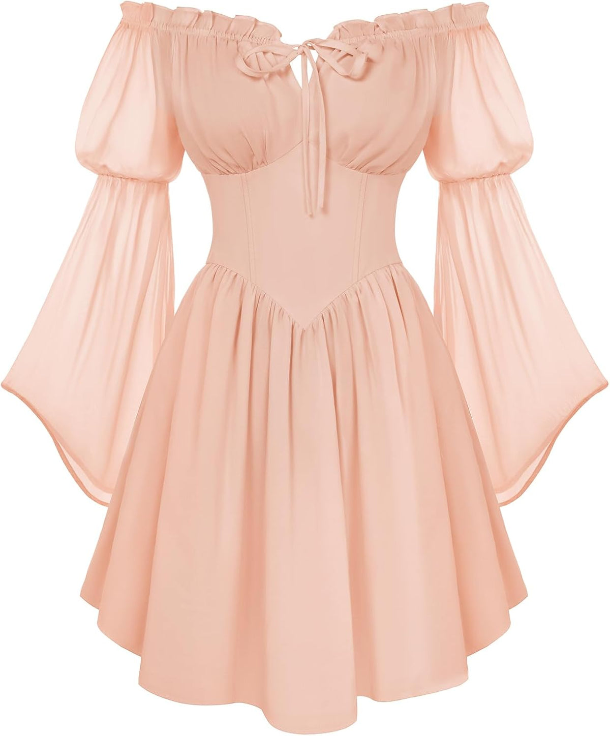 Off-Shoulder Bell-Sleeve Renaissance Dress with Pockets in Coral Pink