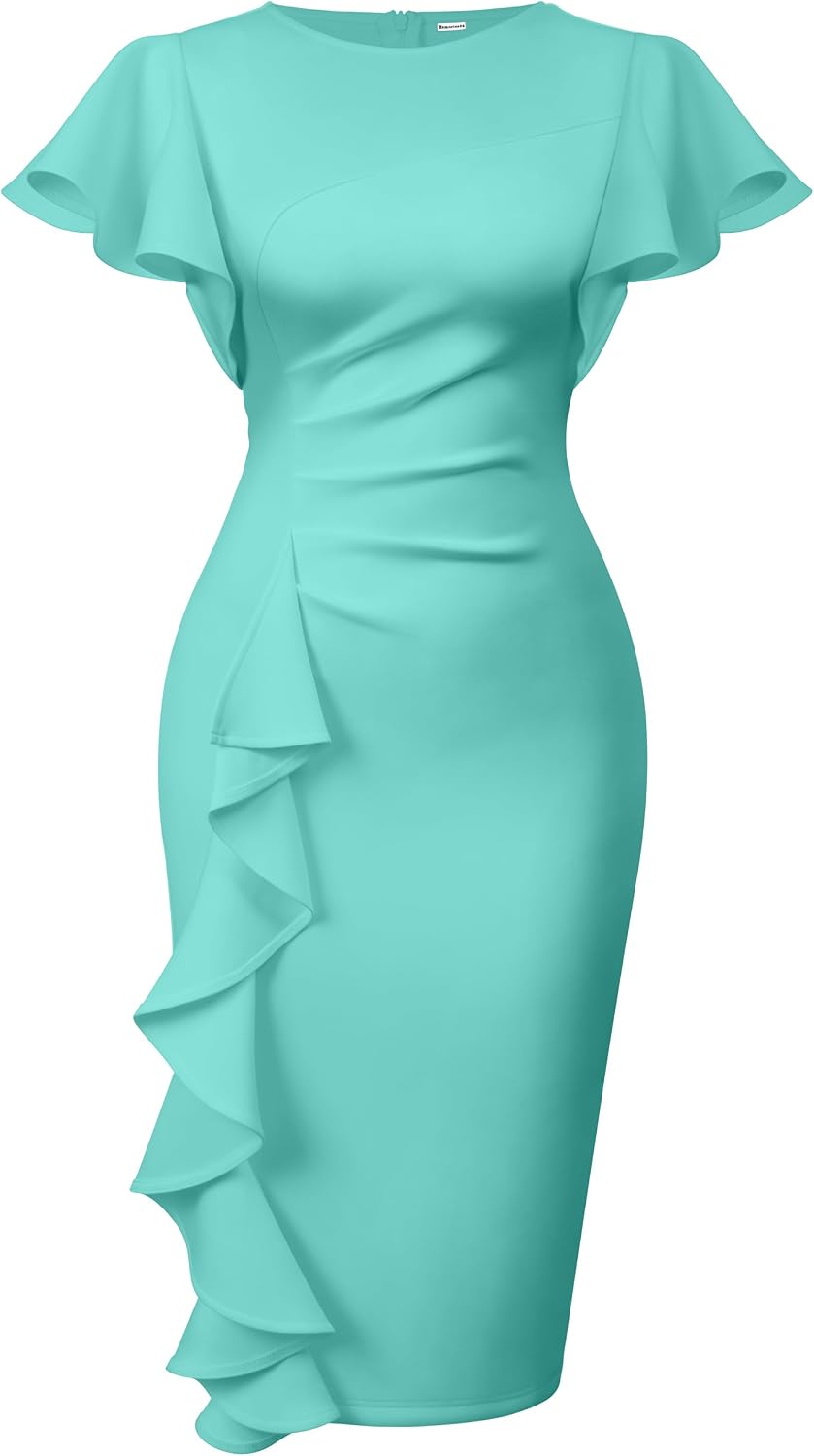 Ruffle-Sleeve Ruched Sheath Midi Dress in Lake Blue