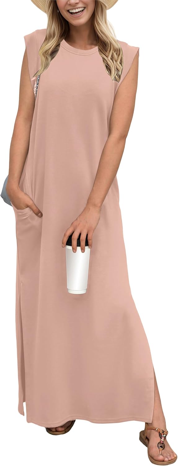 Crew-Neck Loose Maxi Dress with Side Slits and Pockets in Coral Pink