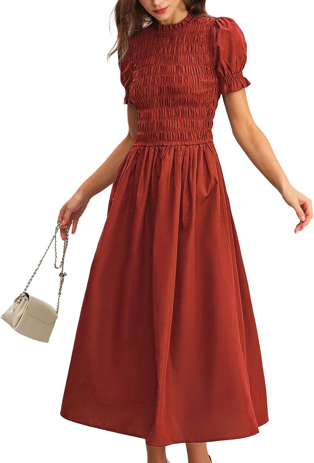 Gingham Puff-Sleeve Smocked Midi Dress in Red (Long)