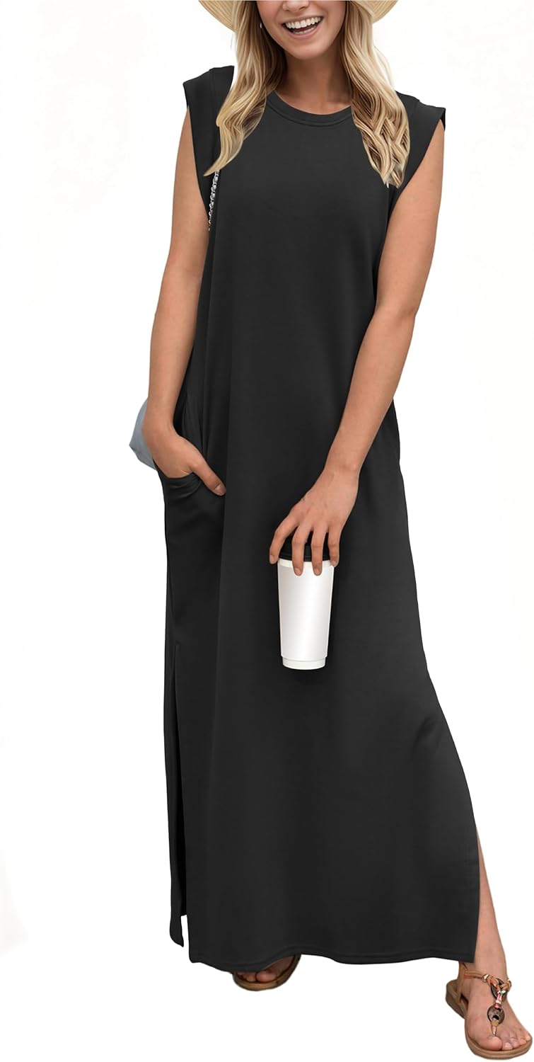 Crew-Neck Loose Maxi Dress with Side Slits and Pockets in Black