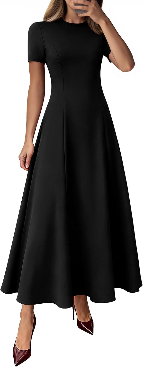 Crew-Neck Pleated Short-Sleeve Maxi Dress in Black