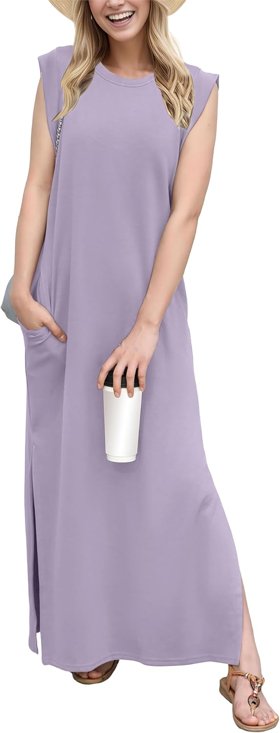 Crew-Neck Loose Maxi Dress with Side Slits and Pockets in Purple