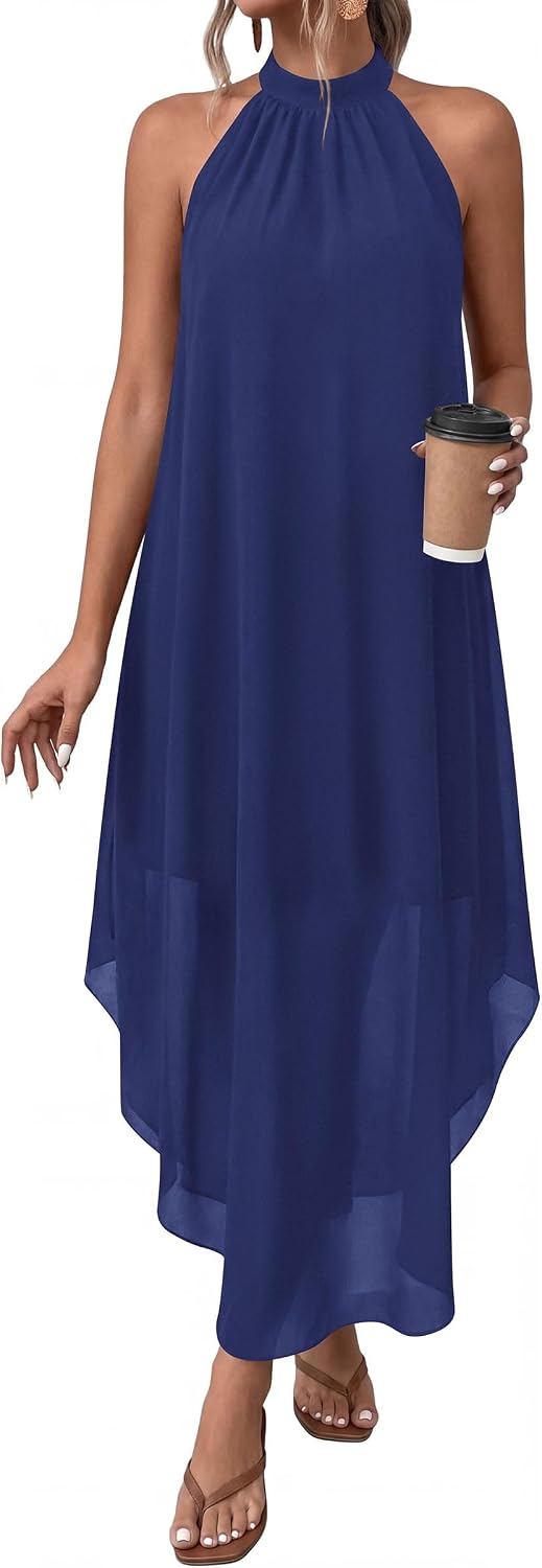 Halter Asymmetric-Hem Flowy Maxi Dress with Pockets in Dark Blue