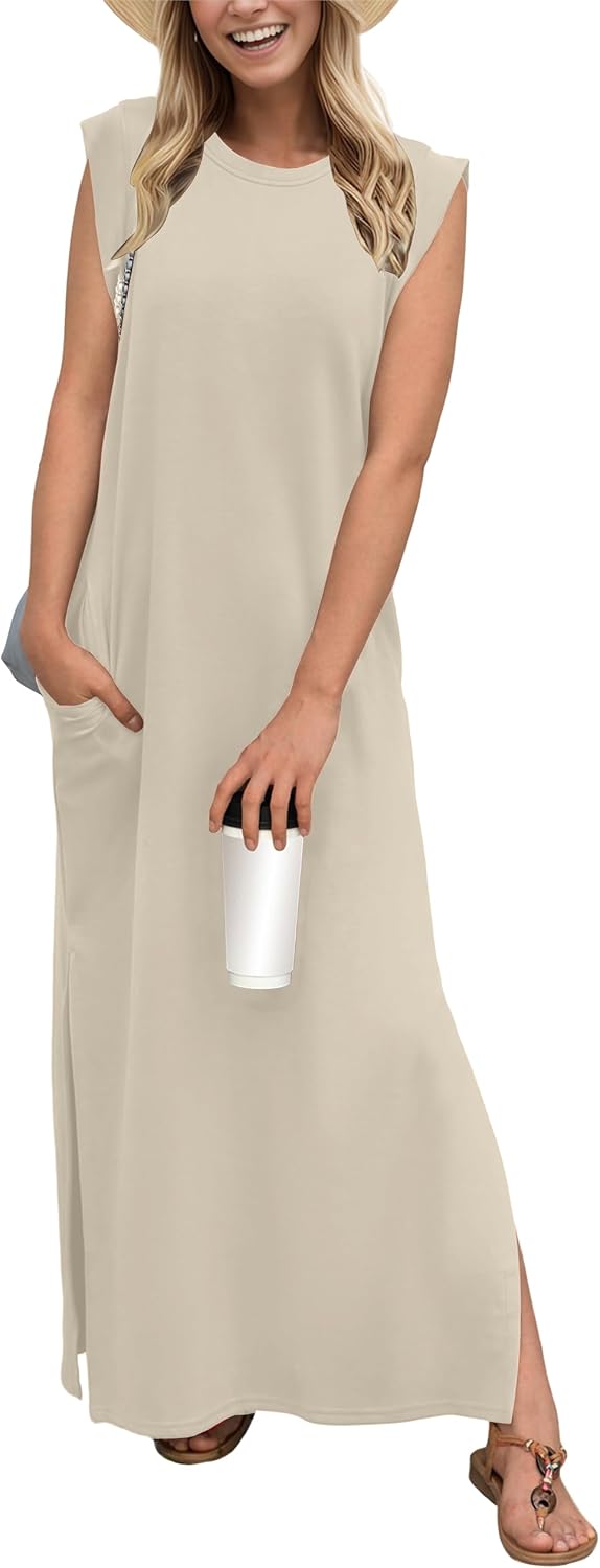 Crew-Neck Loose Maxi Dress with Side Slits and Pockets in Vanilla Color