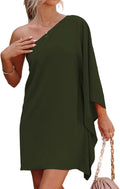 One-Shoulder Batwing-Sleeve Short Cocktail Dress in Army Green