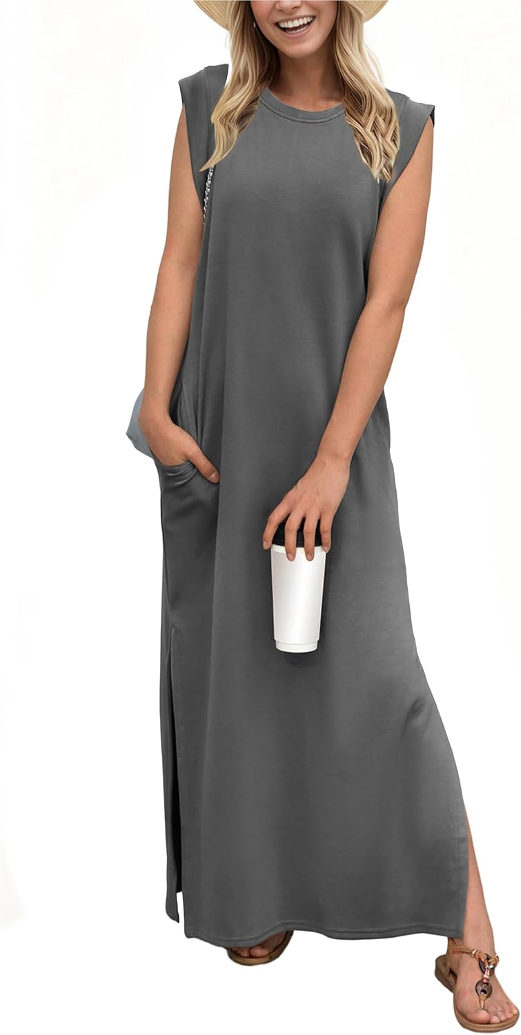 Crew-Neck Loose Maxi Dress with Side Slits and Pockets in Dark Gray