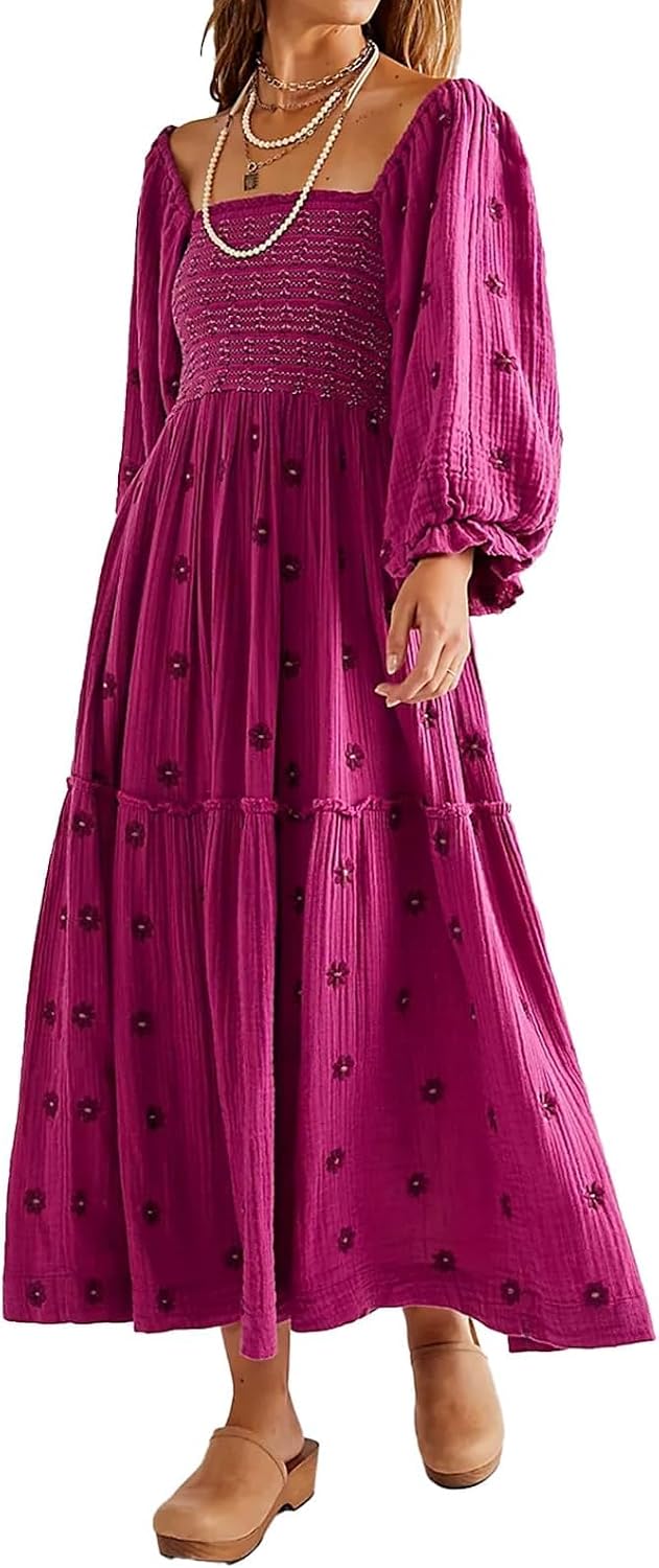 Embroidered Floral Long-Sleeve Tiered Midi Dress in Fuchsia