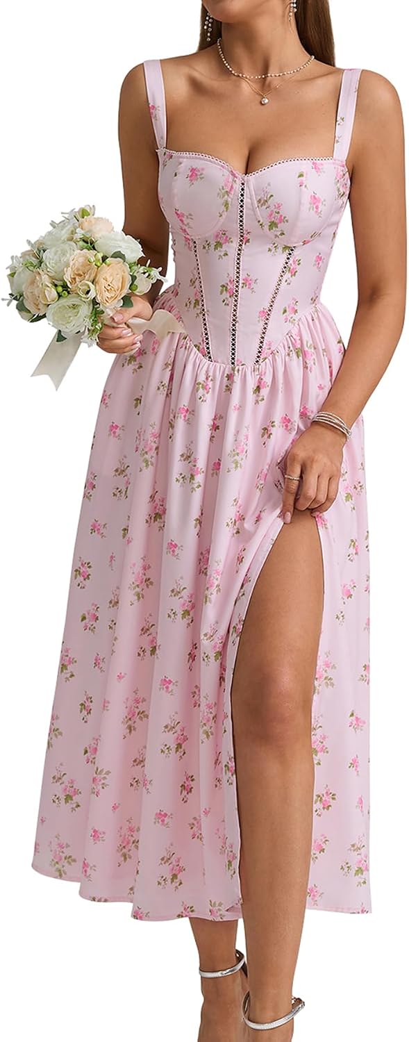 Floral Corset Midi Dress with Slit and Pockets in Pink Floral