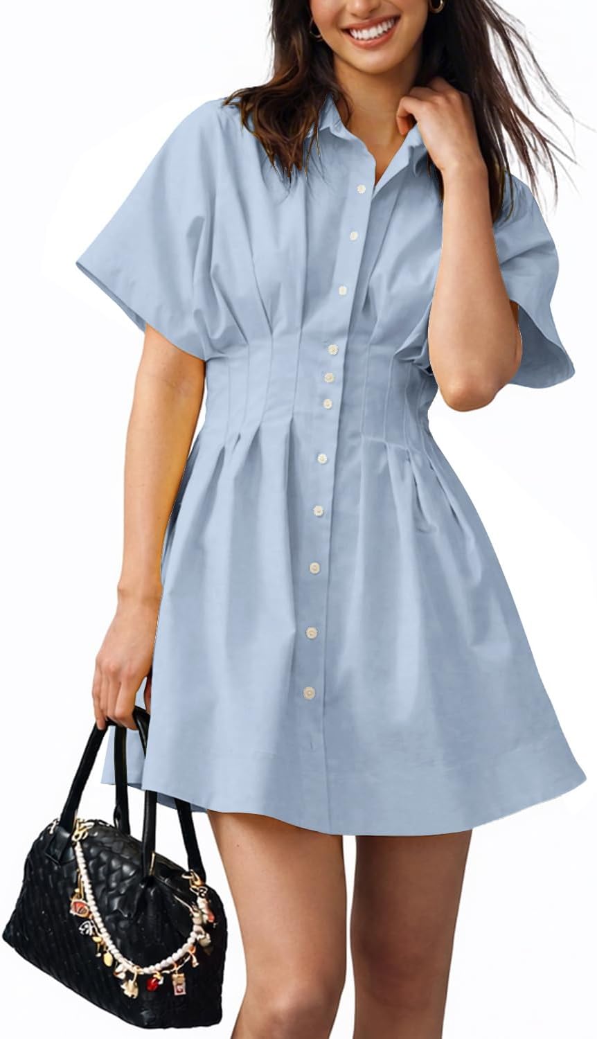 Collared Button-Down Mini Shirt Dress in Light Blue