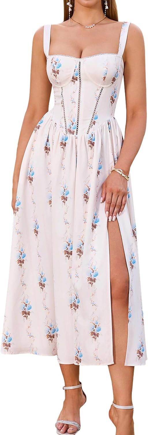 Floral Corset Midi Dress with Slit and Pockets in Blue Flower