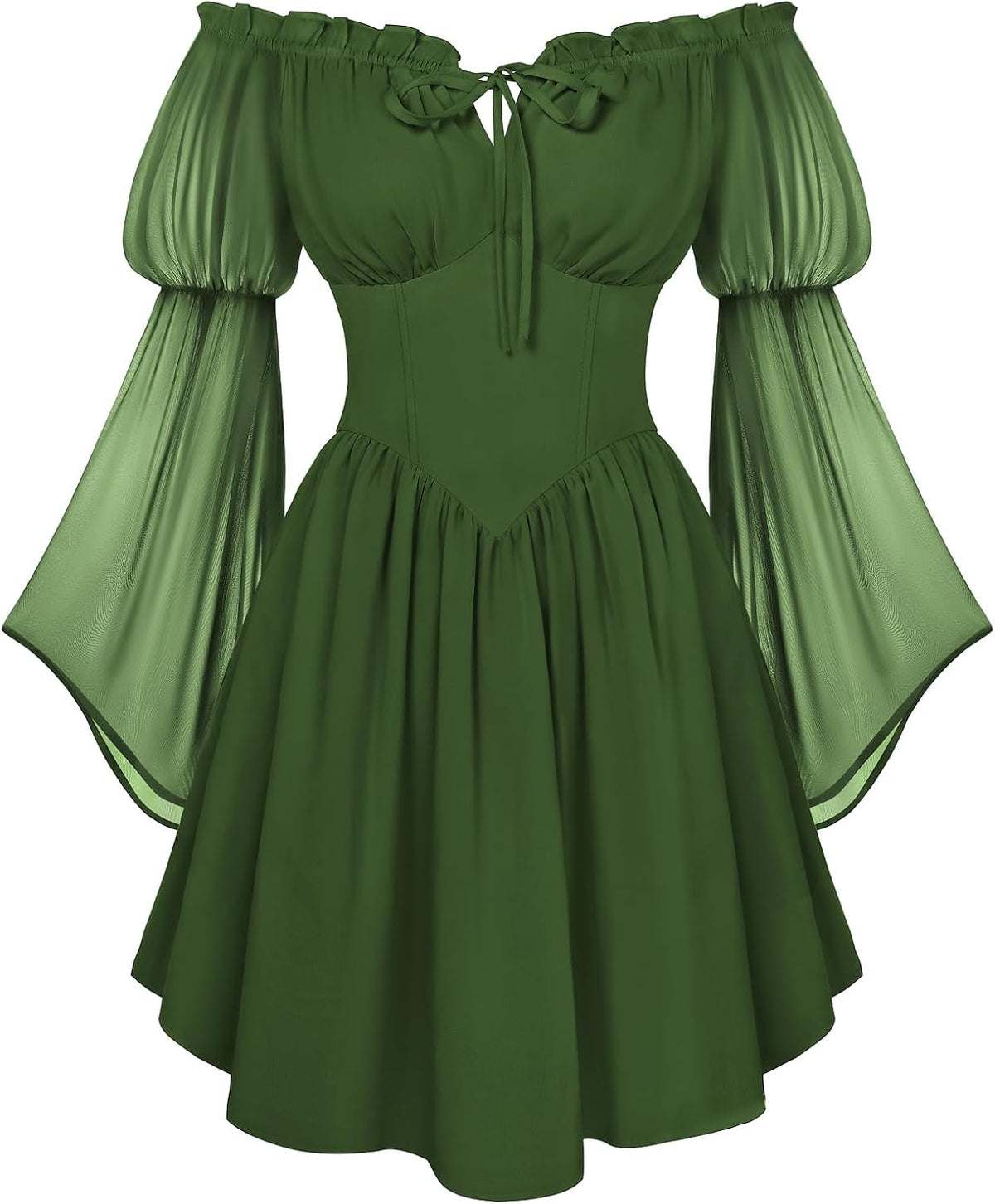 Off-Shoulder Bell-Sleeve Renaissance Dress with Pockets in Matcha Green