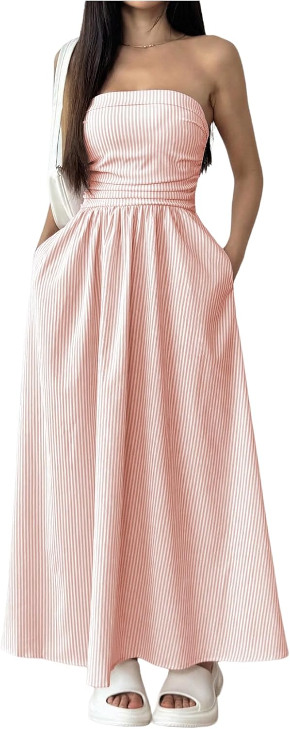 Striped Strapless A-Line Maxi Dress with Pockets in Light Pink