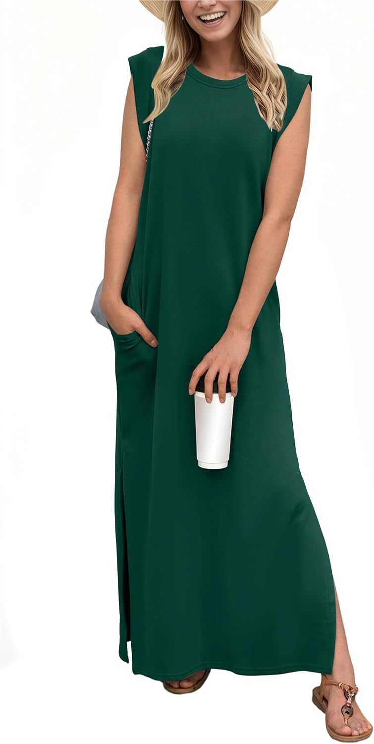 Crew-Neck Loose Maxi Dress with Side Slits and Pockets in Dark Green