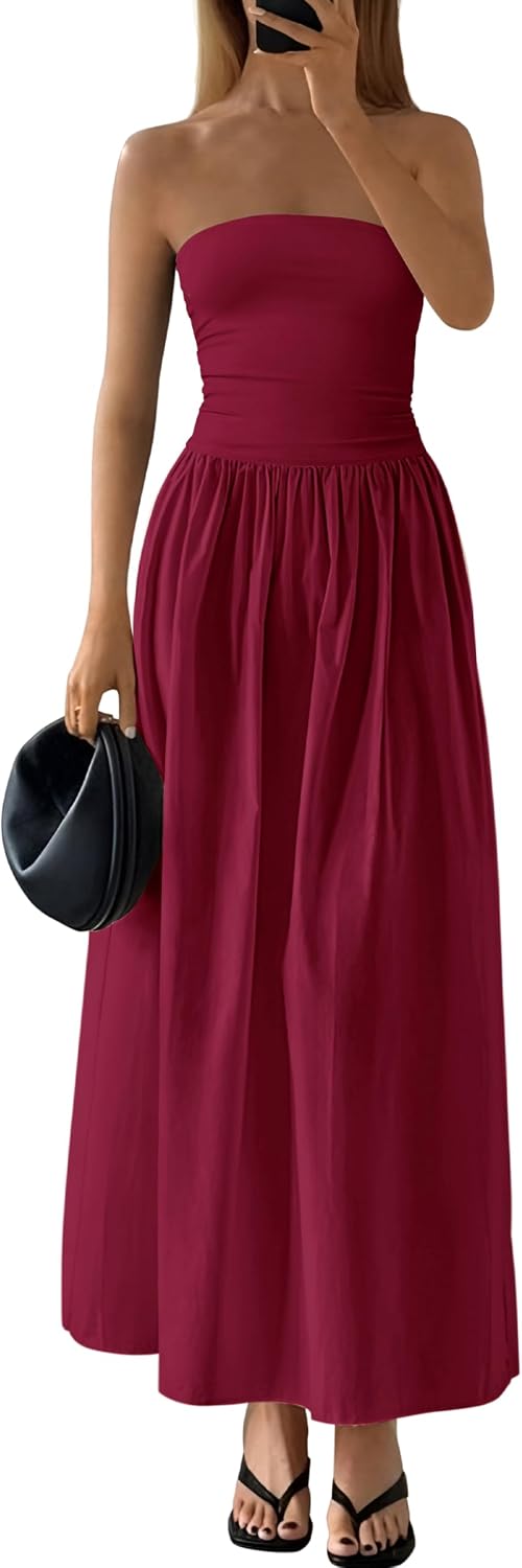 Strapless Tube A-Line Maxi Dress in Wine Red