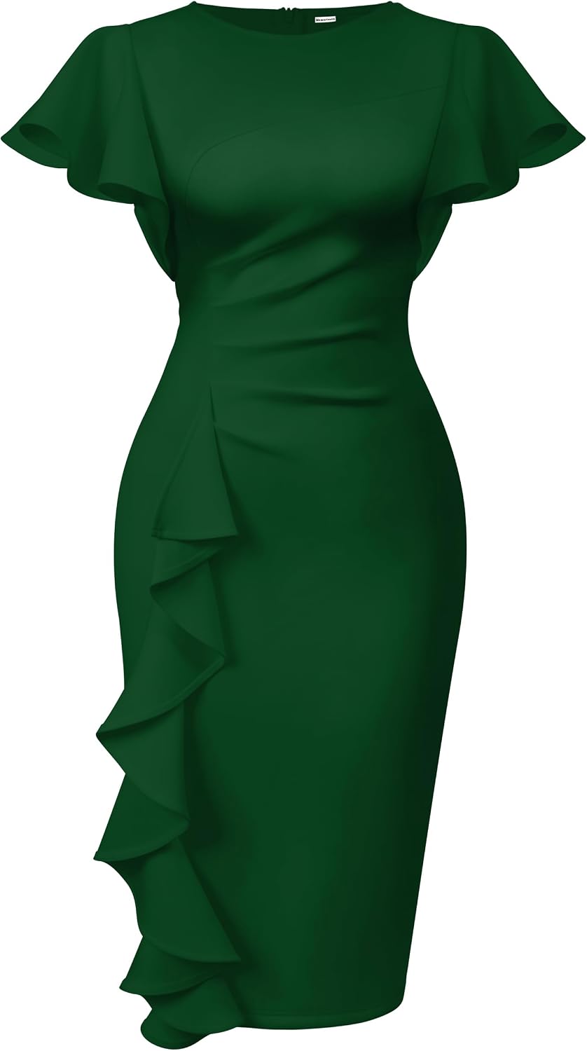 Ruffle-Sleeve Ruched Sheath Midi Dress in Green