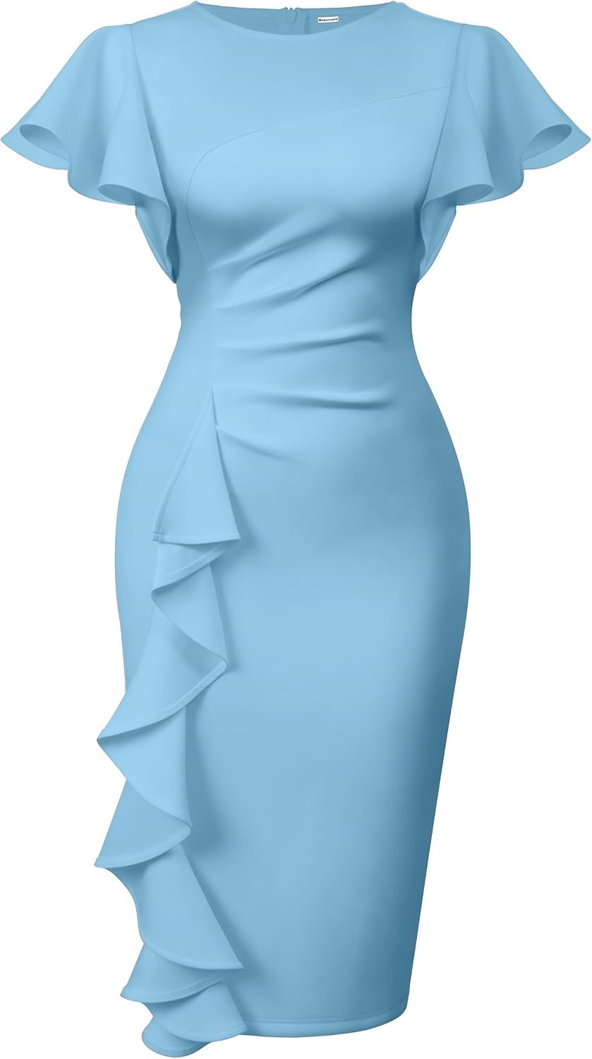 Ruffle-Sleeve Ruched Sheath Midi Dress in Light Blue