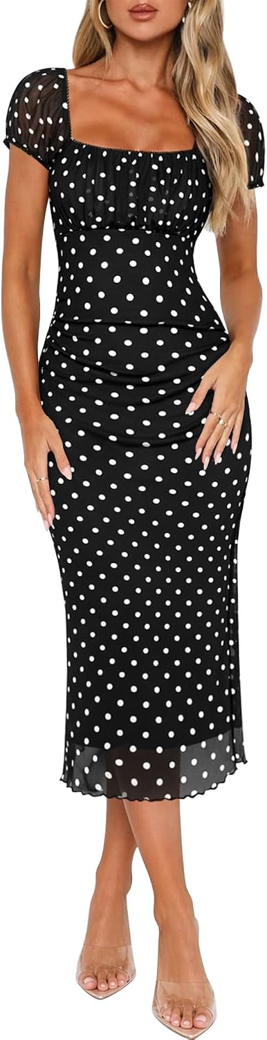 Floral Square-Neck Ruched Mesh Midi Dress in Black & White Polka Dots