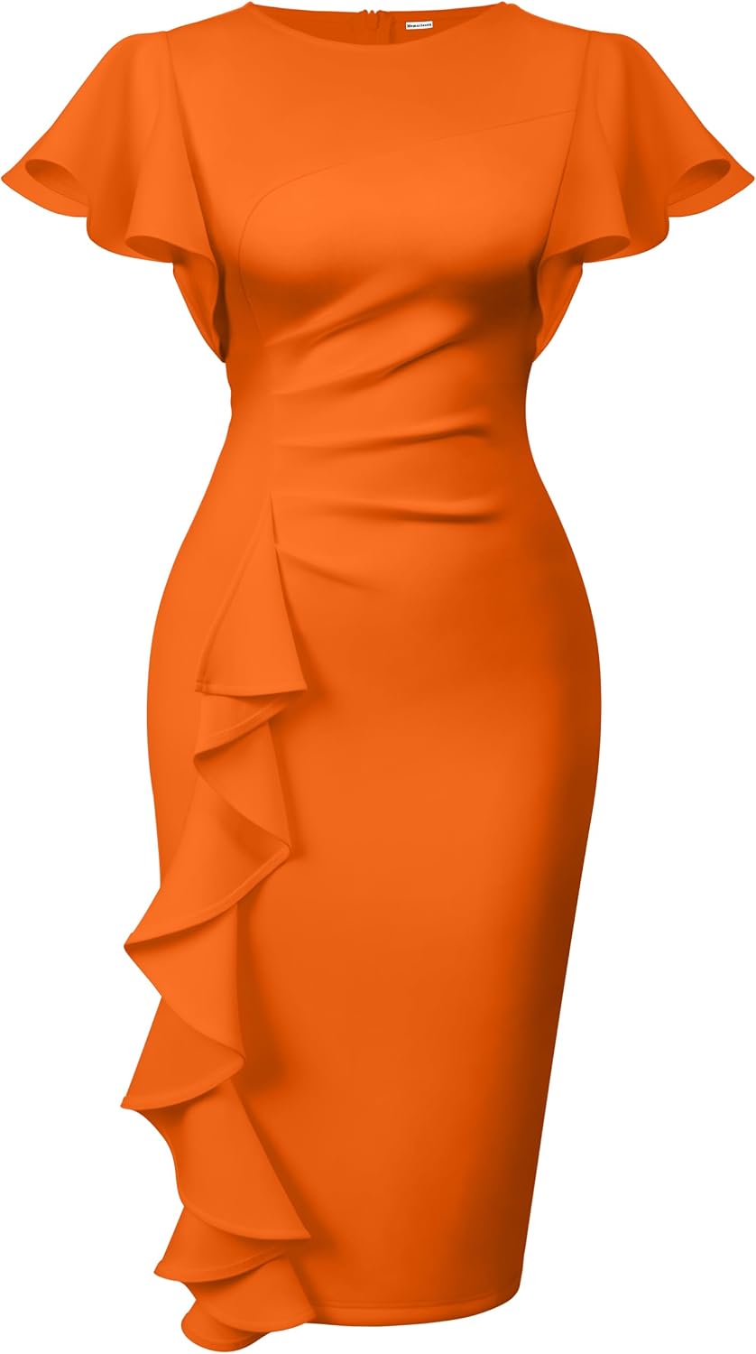 Ruffle-Sleeve Ruched Sheath Midi Dress in Orange