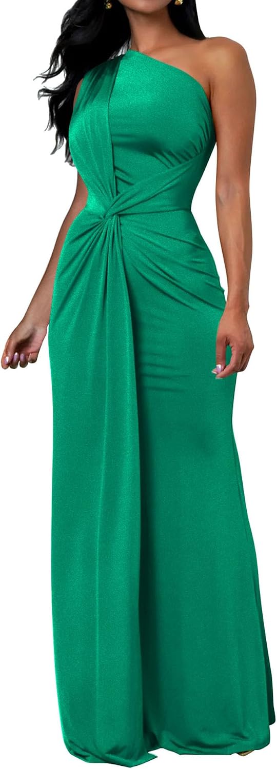 One-Shoulder Sleeveless Bodycon Maxi Dress in Green
