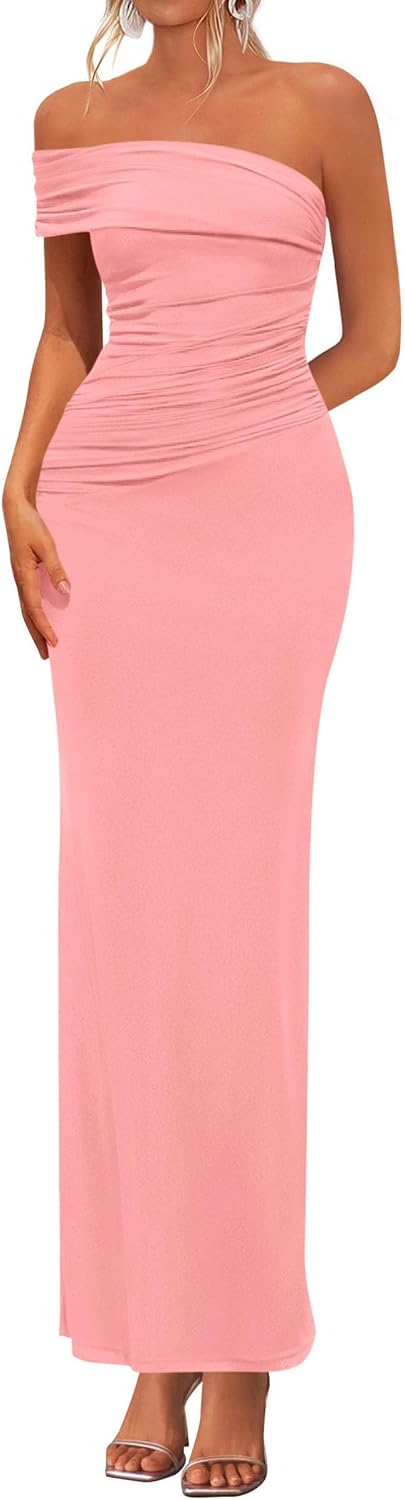 One-Shoulder Ruched Bodycon Maxi Dress in Pink