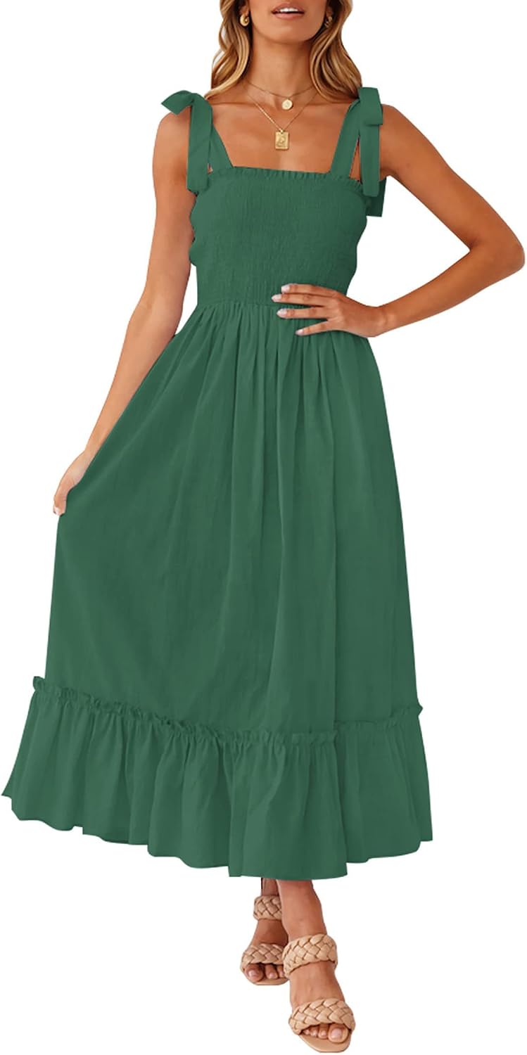 Ruffled Spaghetti-Strap Square-Neck Maxi Dress in Forest Green