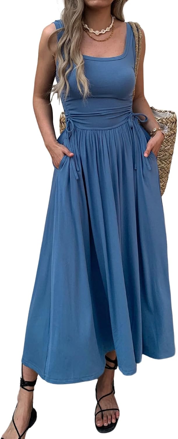 Ruched Adjustable-Waist Sleeveless Maxi Dress with Pockets in Blue