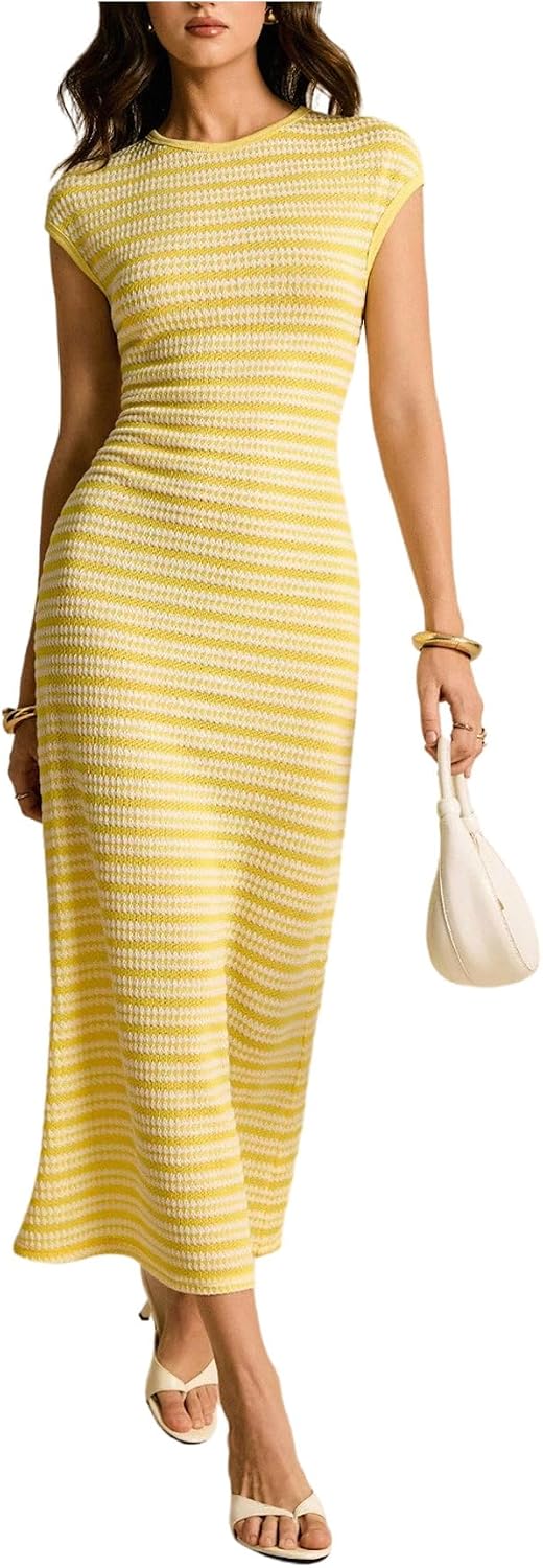 Striped Knit Cap-Sleeve Bodycon Midi Dress in Yellow Striped