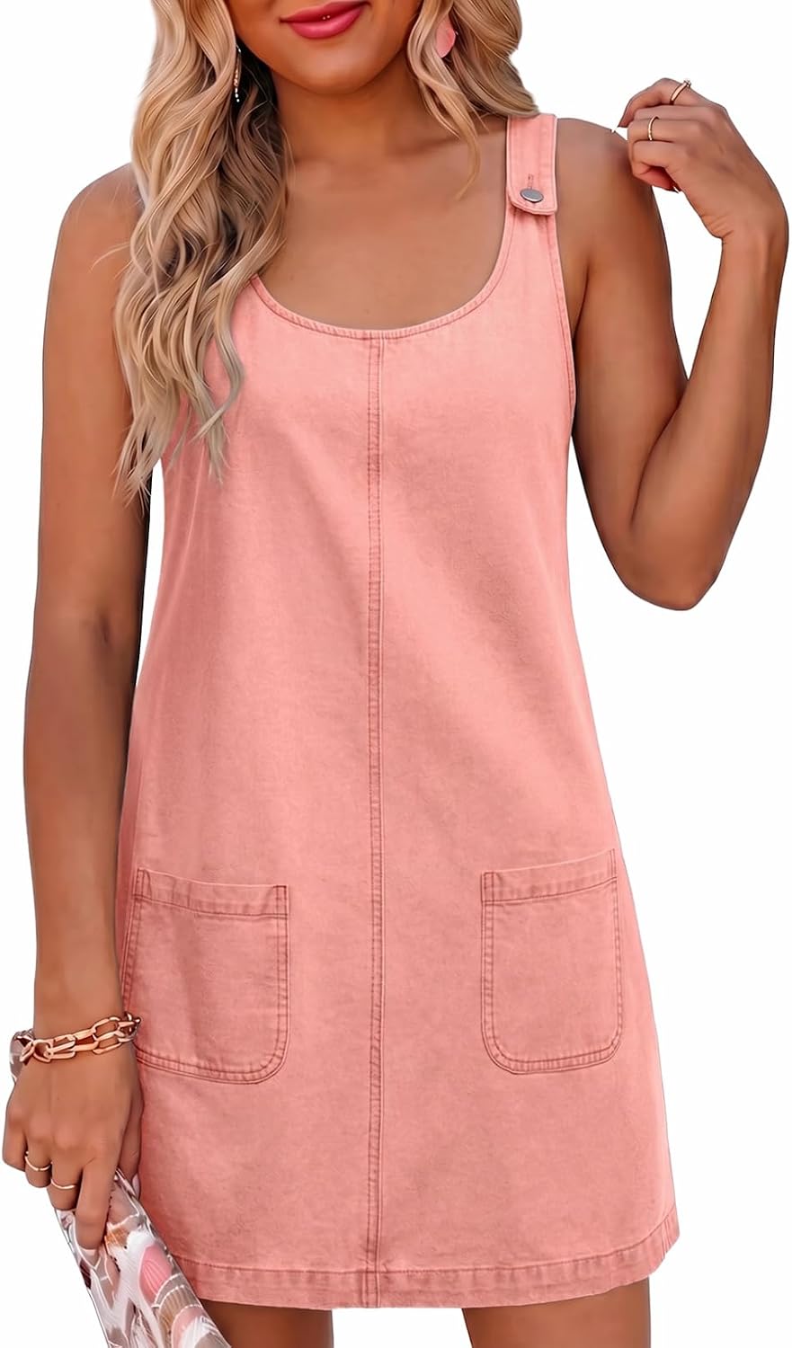 Sleeveless Denim Overall Mini Dress in Pink
