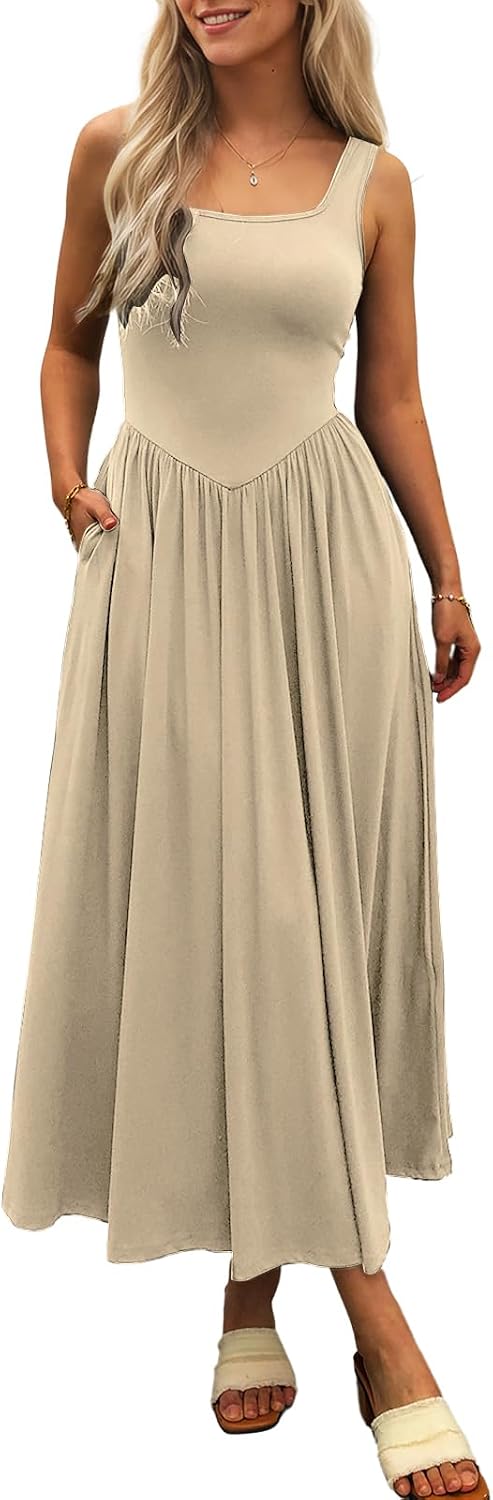 Square-Neck Sleeveless Maxi Sundress with Pockets in Khaki