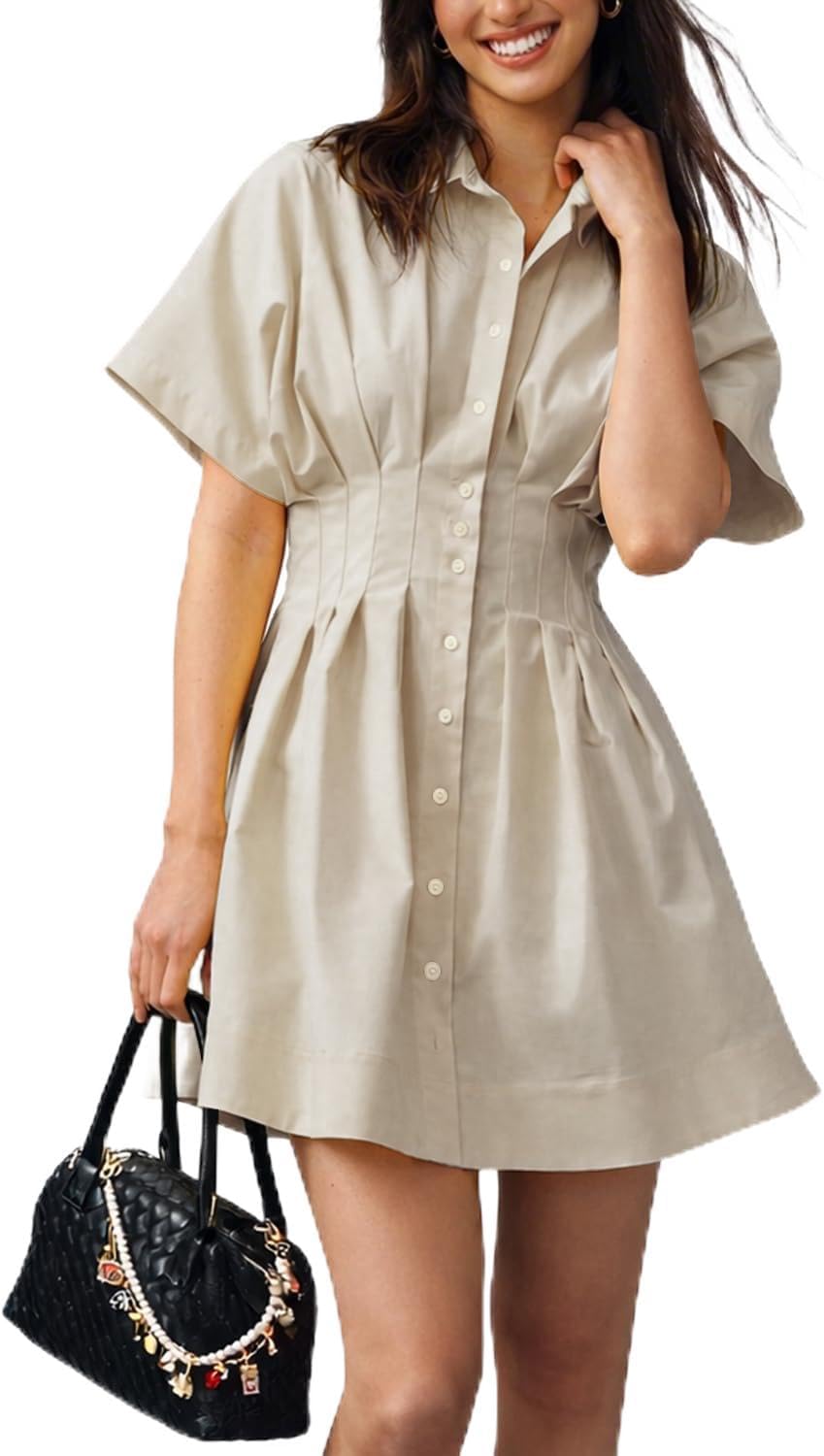 Collared Button-Down Mini Shirt Dress in Light Apricot