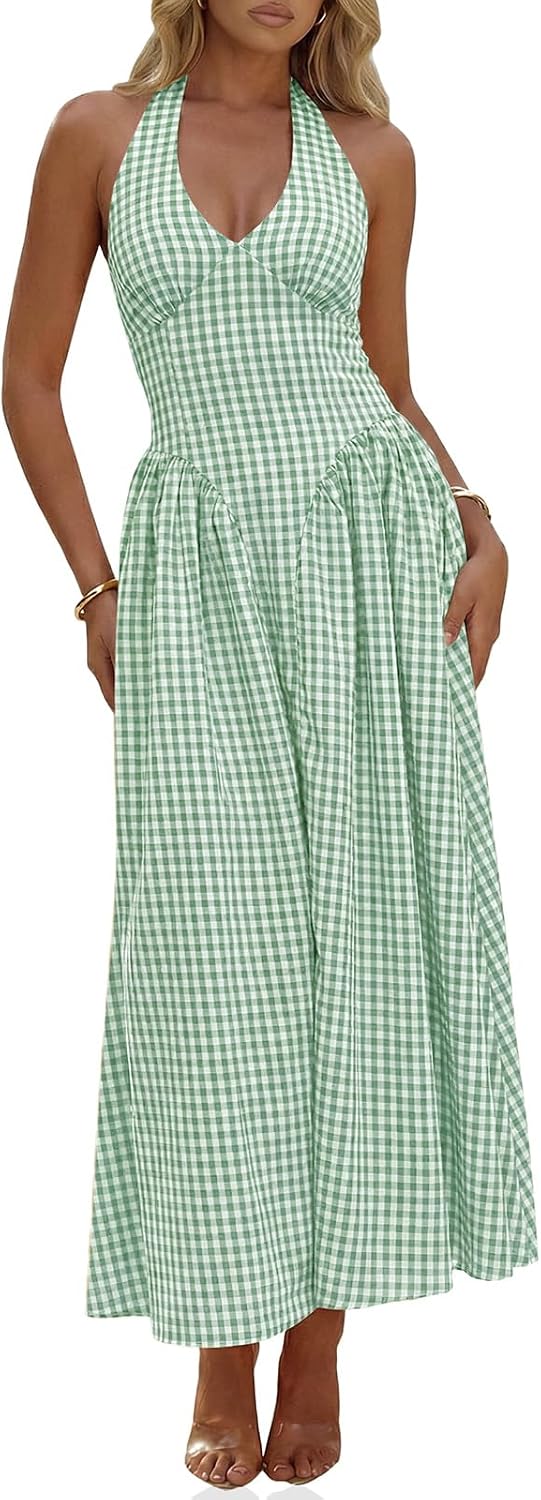 Plaid Halter Corset Maxi Dress with Pockets in Light Green