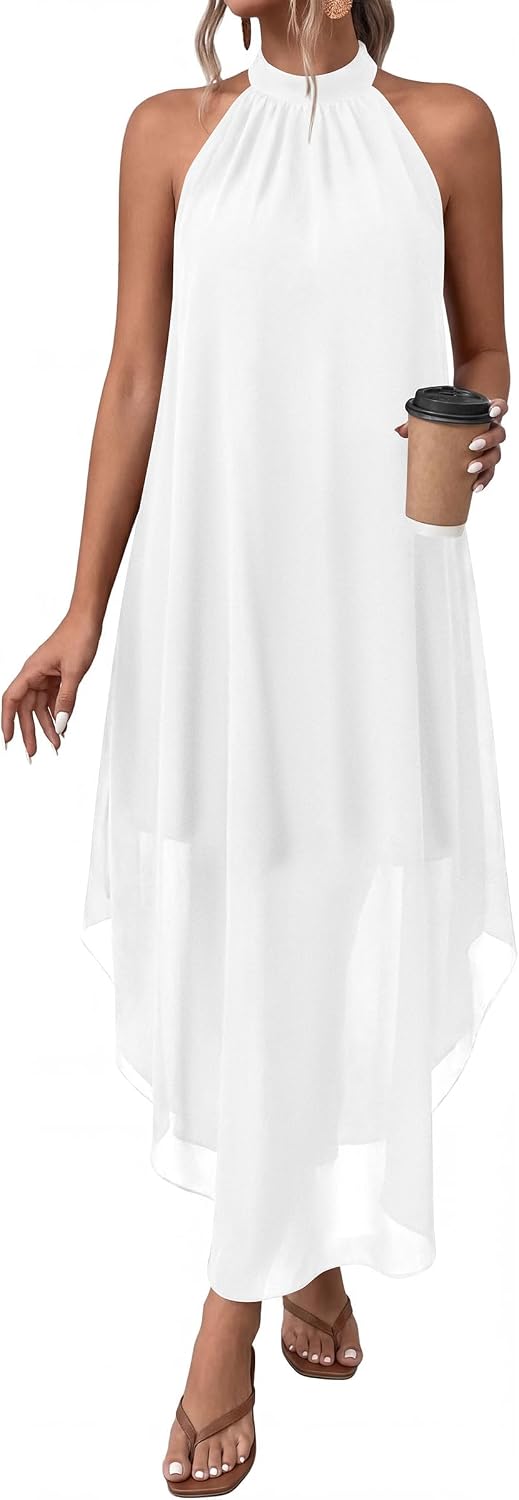 Halter Asymmetric-Hem Flowy Maxi Dress with Pockets in White