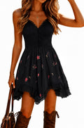Floral Cami Deep-V High-Low Mini Dress in Black