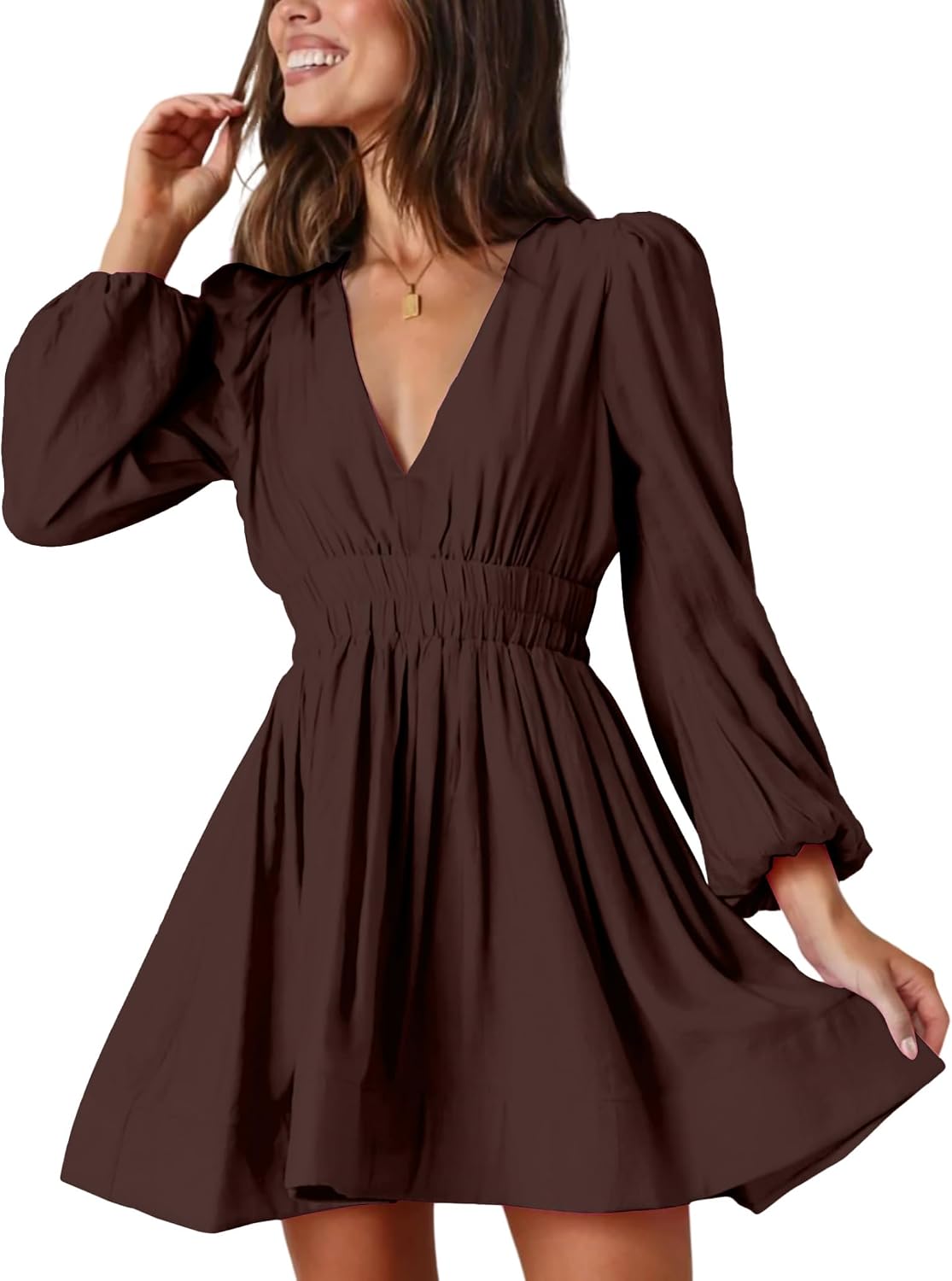 Deep-V Long-Sleeve A-Line Mini Dress in Chocolate