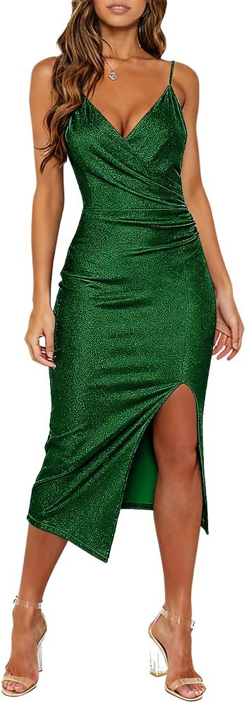 Wrap V-Neck Ruched Bodycon Dress with Side Slit in Sparkly Green