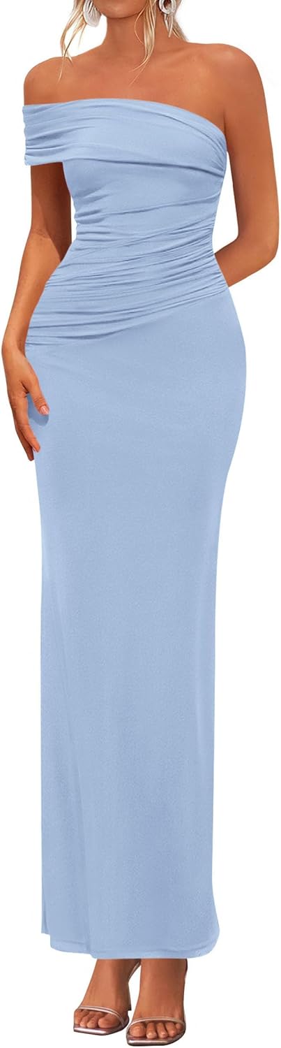 One-Shoulder Ruched Bodycon Maxi Dress in Light Blue