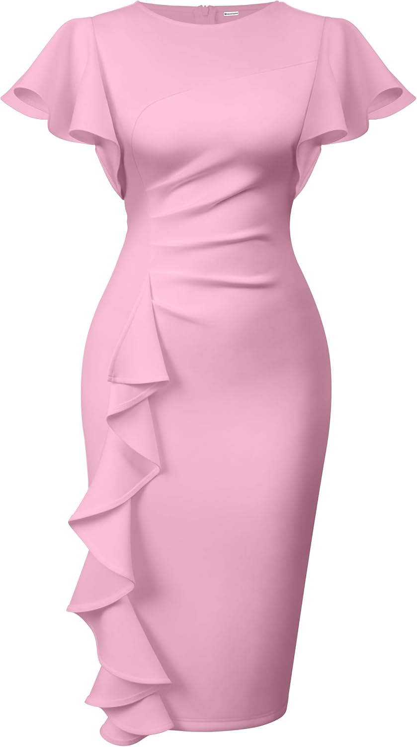 Ruffle-Sleeve Ruched Sheath Midi Dress in Pink