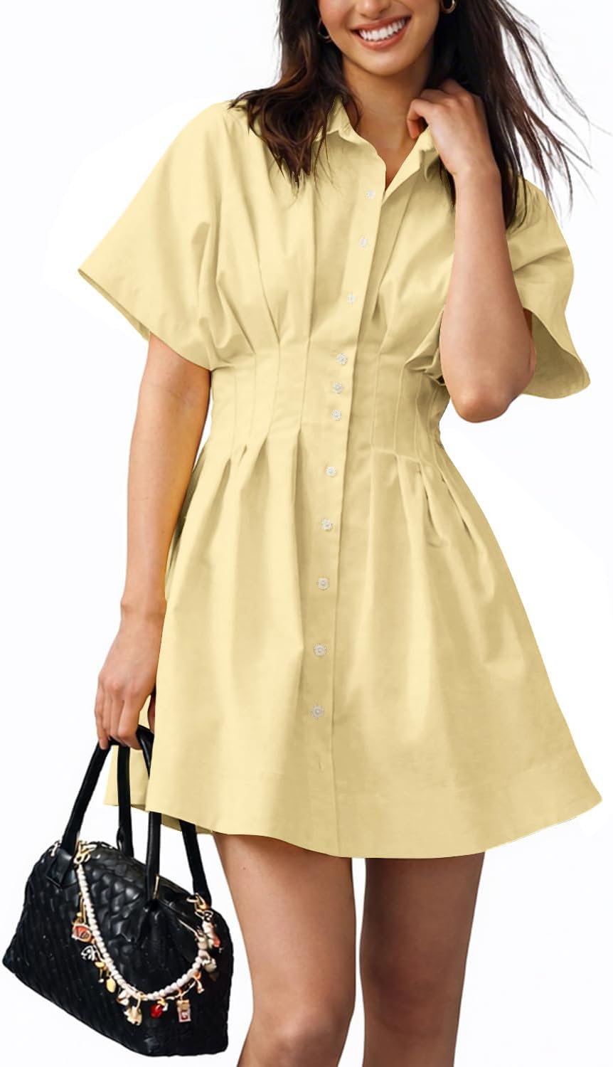 Collared Button-Down Mini Shirt Dress in Butter Yellow