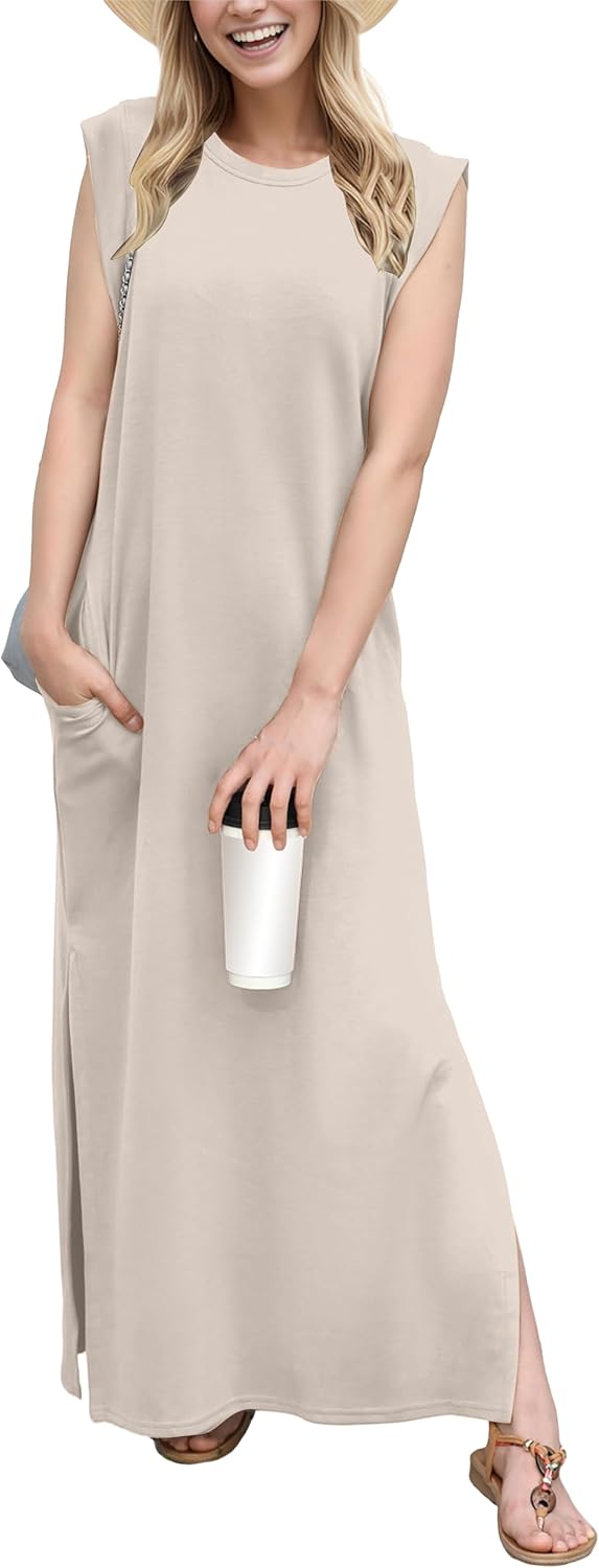 Crew-Neck Loose Maxi Dress with Side Slits and Pockets in Oatmeal
