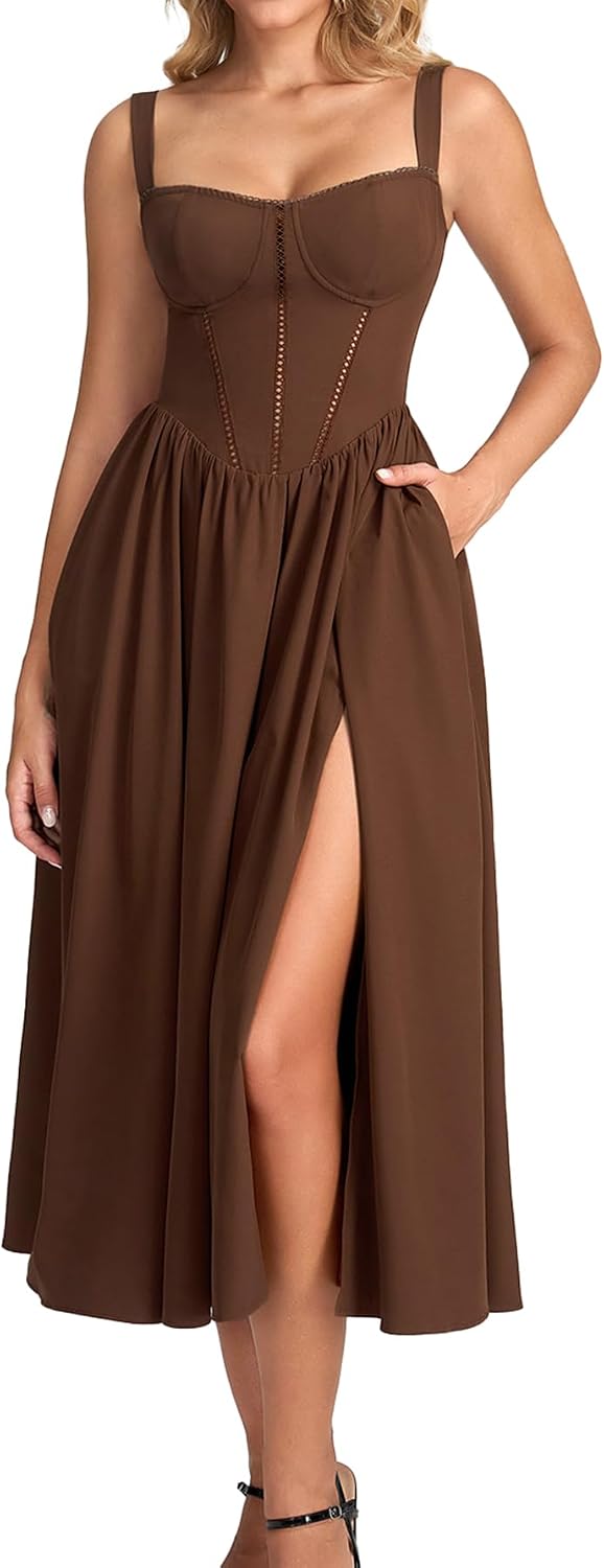Floral Corset Midi Dress with Slit and Pockets in Brown