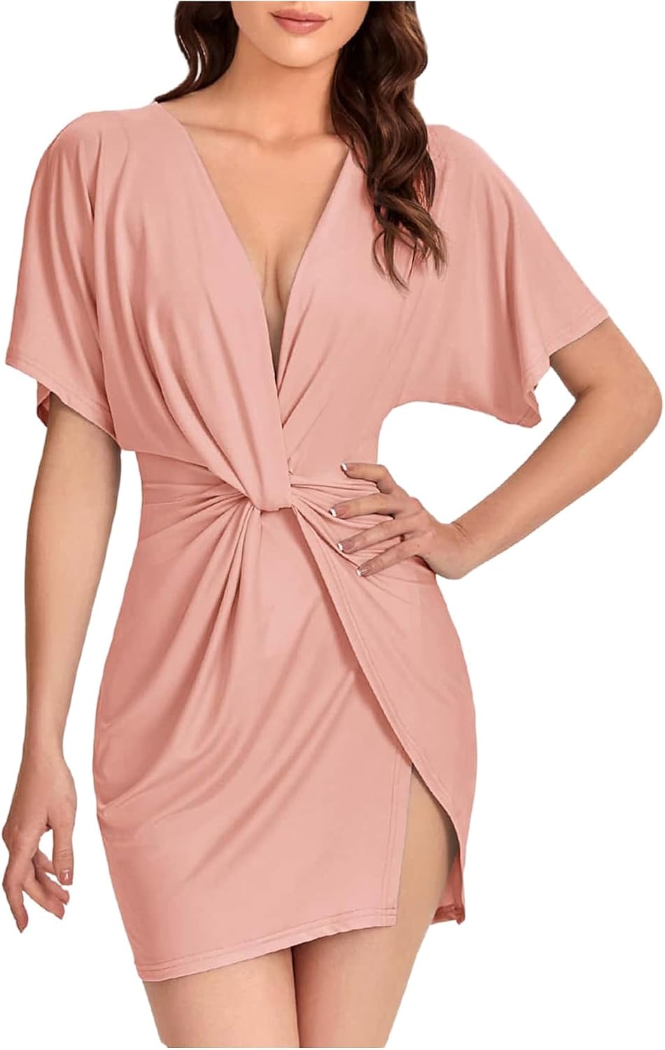 Twisted Deep-V Mini Dress with High Slit in Pink