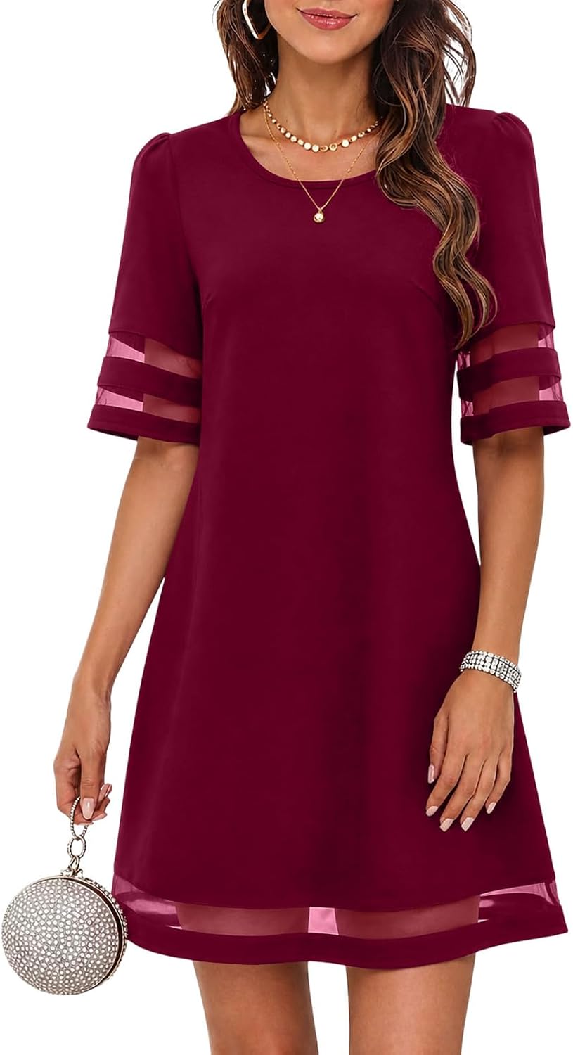 Flowy A-Line Knee-Length Dress with Mesh Trim in Wine Red